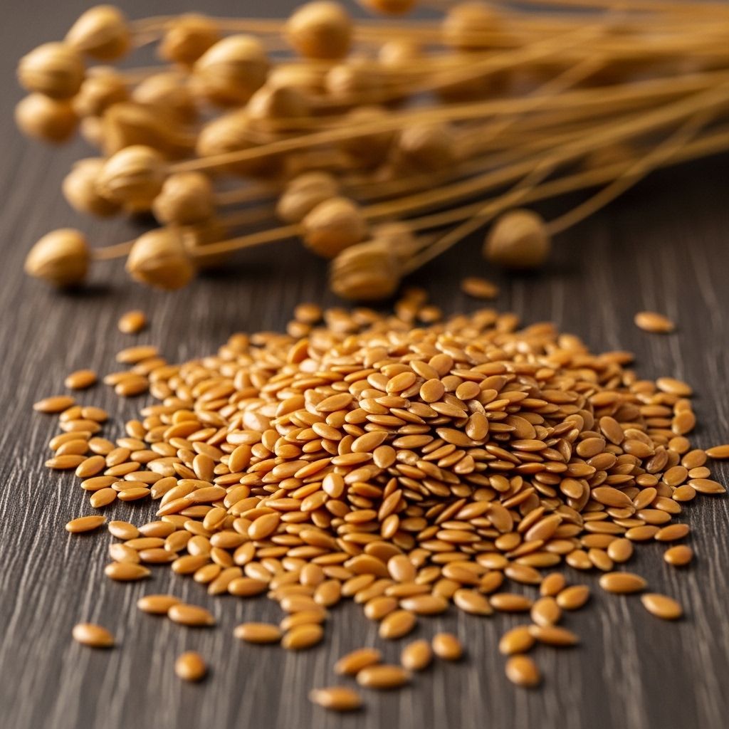 Golden and brown flaxseeds scattered on a dark wooden surface with some whole flax stalks in the background, displaying rich natural texture and warm tones