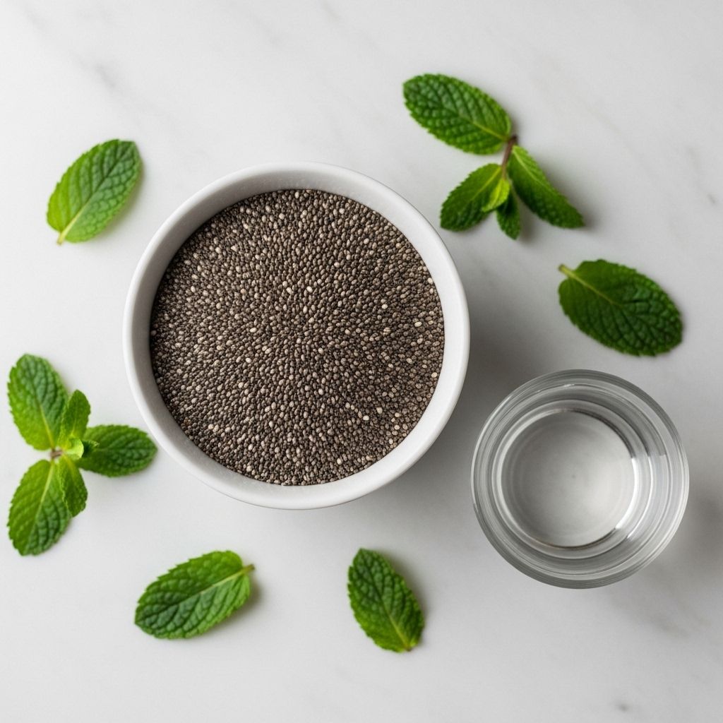 White ceramic bowl filled with dry chia seeds surrounded by a few fresh mint leaves and a small glass of water on a light marble surface