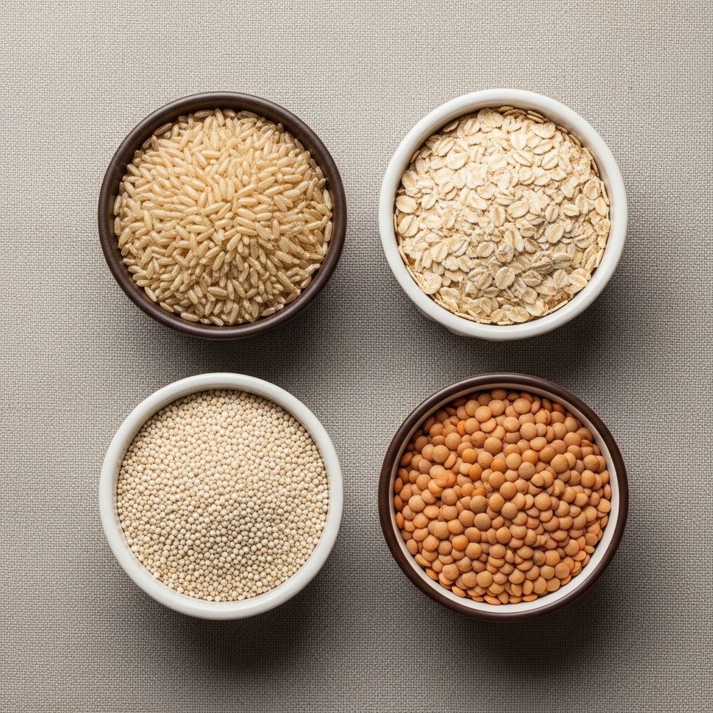 Overhead flat lay of various whole grains — brown rice, oats, quinoa, and lentils — in small ceramic bowls arranged on a natural linen surface