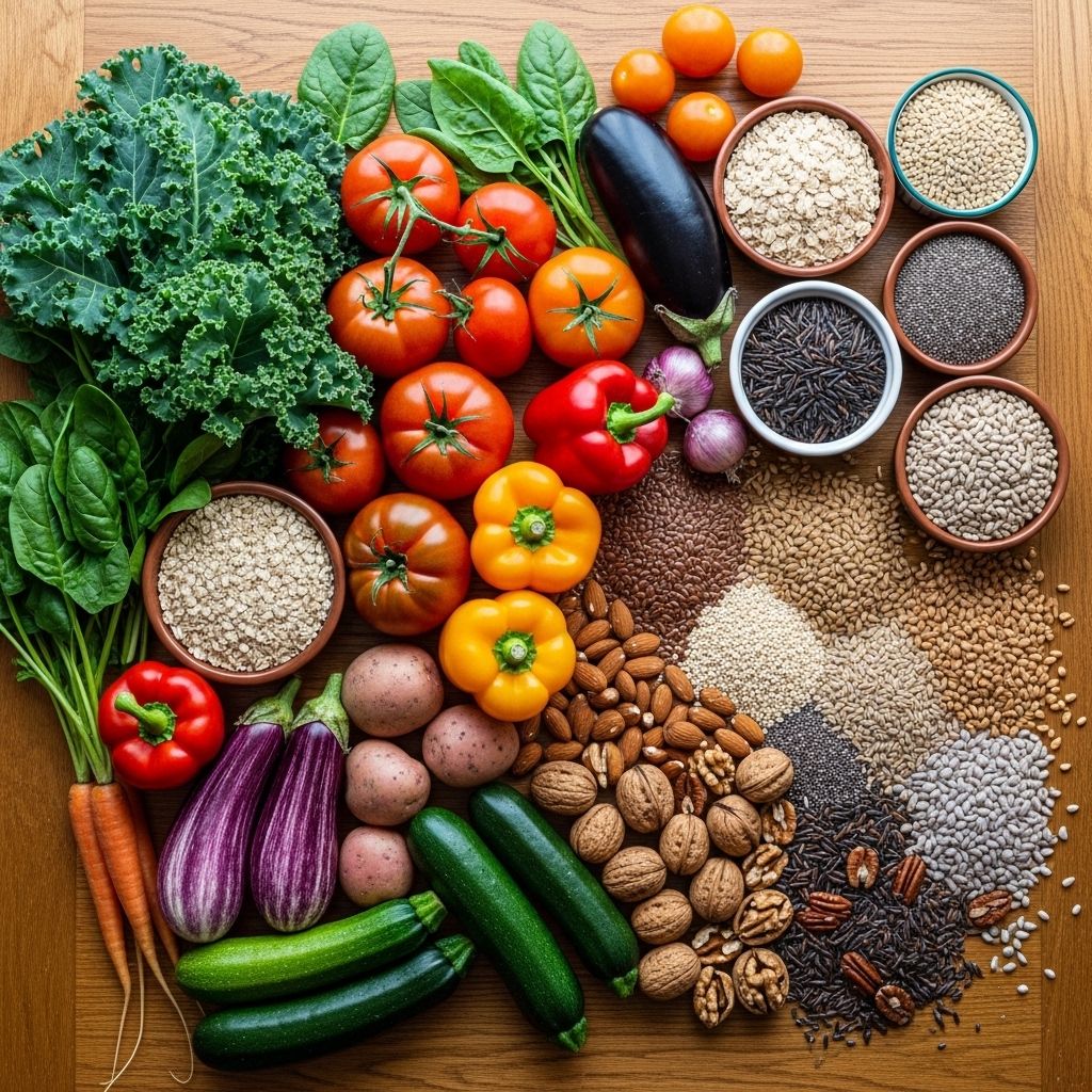 Sunlit wooden table with an arrangement of fresh seasonal vegetables, whole grains, nuts, and seeds viewed from above, conveying natural abundance and balance